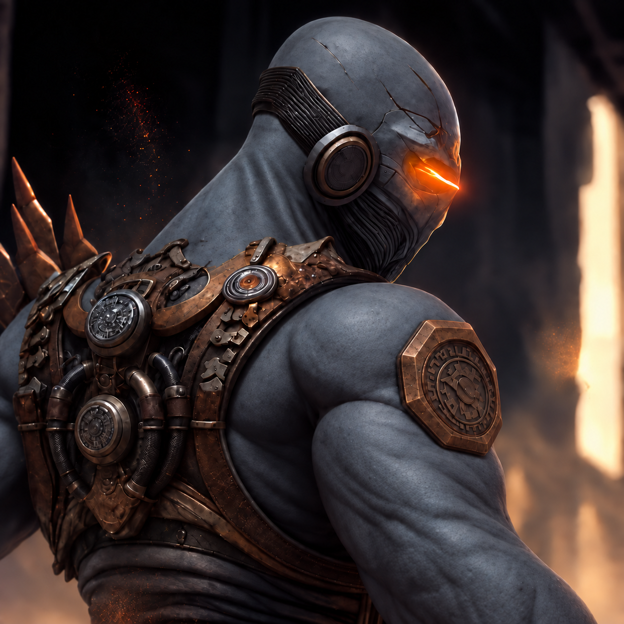 Zender's armored avatar with glowing orange eyes